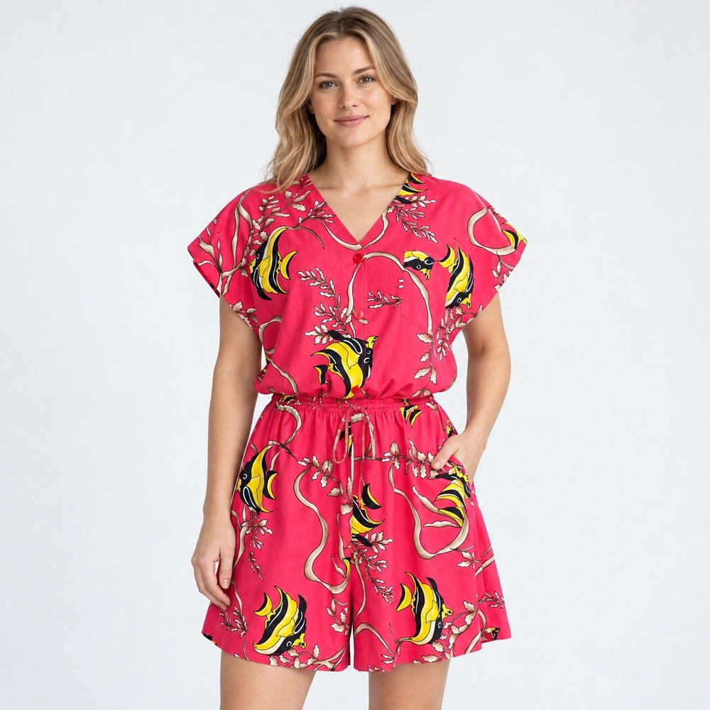 Hilo Hattie Women M Style 929 Cotton Fish Romper Hawaii Vintage Tropical Resort